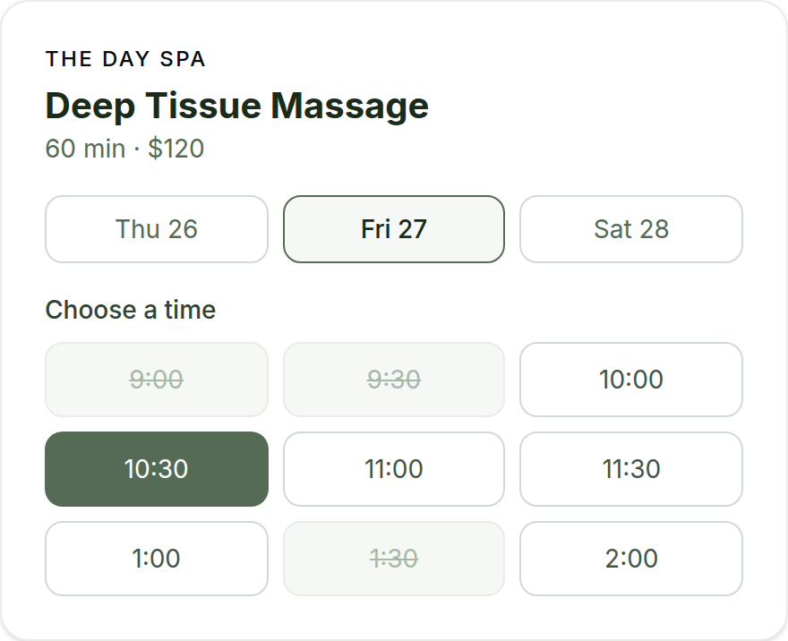 Client booking page with a time-slot picker